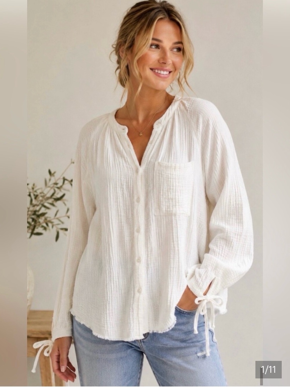 aerie White Boho Button-Front Gauze Long-Sleeve Oversized Tie Cuffs Relaxed M